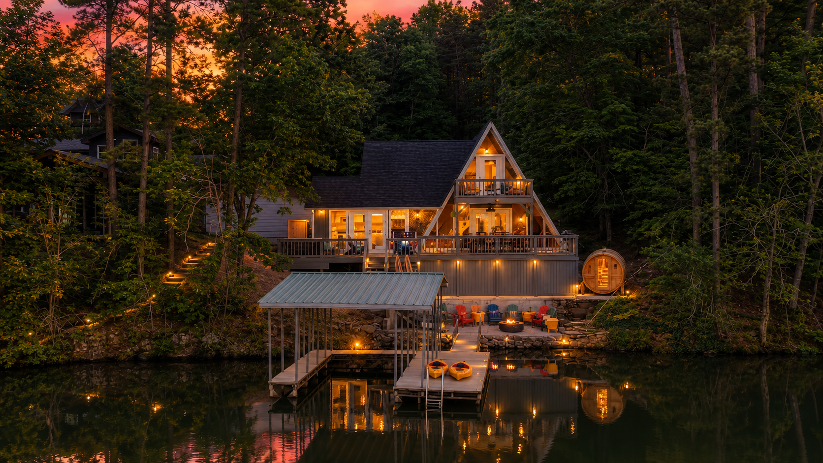 A house at sunset with a barrel sauna